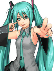 Rule 34 | 1girl, :p, ahoge, akanbe, aqua eyes, aqua hair, aqua nails, armpits, bare shoulders, detached sleeves, eyelid pull, foreshortening, hatsune miku, headset, long hair, nail polish, necktie, outstretched arm, outstretched hand, simple background, solo, tongue, tongue out, twintails, very long hair, vocaloid, yuuji (and)