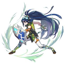 Rule 34 | absurdres, aqua eyes, black hair, dagger, gloves, goggles, goggles on head, green gloves, highres, knife, latale, long hair, pants, shield, solo, weapon, white pants, wind stalker (latale)