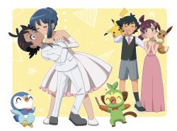 Rule 34 | 2boys, 2girls, absurdres, alternate costume, artist request, blue eyes, blush, chloe (pokemon), closed mouth, collared shirt, creatures (company), dawn (pokemon), dress, eevee, elbow gloves, flower, frills, game freak, gen 1 pokemon, gen 4 pokemon, gen 8 pokemon, gloves, goh (pokemon), green eyes, grey footwear, grey shirt, grey shorts, grookey, hair flower, hair ornament, hands up, heart, highres, holding hands, jacket, jewelry, kiss, multiple boys, multiple girls, necklace, necktie, nintendo, non-web source, on shoulder, pants, pikachu, pink flower, pink necktie, piplup, pokemon, pokemon (anime), pokemon (creature), pokemon journeys, pokemon on shoulder, ponytail, shirt, shoes, shorts, sleeveless, sleeveless dress, smile, socks, standing, vest, white dress, white gloves, white jacket, white pants, white shirt, yellow background