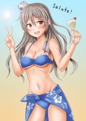 Rule 34 | 1girl, alternate costume, anti (untea9), bikini, blue background, blue bikini, breasts, brown eyes, collarbone, cowboy shot, cup, drink, drunk, gradient background, grey hair, hair between eyes, hat, highres, kantai collection, long hair, looking at viewer, medium breasts, mini hat, navel, open mouth, pola (kancolle), sarong, smile, solo, swimsuit, twitter username, two-tone background, v, wavy hair, yellow background