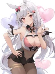 Rule 34 | 1girl, animal ears, arm strap, balloon, bare shoulders, bat wings, black nails, black skirt, blush, bow, bra, braid, brown pantyhose, covered navel, hair bow, hair ornament, hairclip, hand on own hip, heart, highres, horse ears, horse girl, horse tail, horseshoe, horseshoe ornament, kurige horse, leaning forward, long hair, looking at viewer, multicolored nails, nail polish, original, pantyhose, pink bra, pink eyes, pink nails, side braid, silver hair, simple background, skirt, solo, standing, tail, thigh strap, underwear, white background, wings