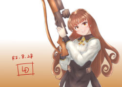 Rule 34 | 1girl, artist logo, black skirt, blunt bangs, brown hair, browning auto 5, commentary request, cowboy shot, dated, gradient background, green eyes, gun, helena (kancolle), helena kai (kancolle), highres, kantai collection, ld (luna dial398), long hair, military, military uniform, neck ribbon, one-hour drawing challenge, orange background, ribbon, rifle, skirt, solo, uniform, weapon