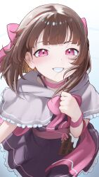 Rule 34 | 1girl, absurdres, arm ribbon, blush, bow, brown hair, candy, chocolate, chocolate bar, commentary, dress, dutch angle, ear blush, fallenshadow, food, frilled dress, frills, from above, grin, hair bow, highres, indie virtual youtuber, light blush, looking at viewer, mantle, medium hair, mirumiruchan, neck ribbon, pink bow, pink eyes, pink ribbon, pink sash, purple dress, ribbon, sash, smile, solo, symbol-only commentary, teeth, virtual youtuber