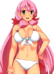 Rule 34 | 10s, 1girl, akashi (kancolle), bad id, bad pixiv id, bikini, blush, breasts, breasts apart, front-tie bikini top, front-tie top, green eyes, hair ribbon, hand on own hip, kantai collection, long hair, looking at viewer, open mouth, pink hair, ribbon, simple background, smile, solo, soo, swimsuit, tress ribbon, very long hair, white background, white bikini