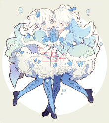 Rule 34 | 2girls, aqua capelet, aqua coat, bad id, bad pixiv id, black footwear, blue bow, blue eyes, blue gloves, blue legwear, blunt bangs, blush, bow, bubble, capelet, cheek-to-cheek, closed eyes, coat, colored skin, creatures (company), dress, drooling, earrings, female focus, frilled dress, frills, fur-trimmed capelet, fur-trimmed coat, fur-trimmed gloves, fur trim, game freak, gen 5 pokemon, gloves, hair ornament, hair stick, hand up, happy, heads together, holding hands, ikeuchi tanuma, jewelry, juliet sleeves, leg up, long hair, long sleeves, looking at another, multiple girls, nintendo, open mouth, orange outline, outline, pantyhose, personification, pokedex number, pokemon, ponytail, puffy sleeves, shoes, short hair, side ponytail, simple background, smile, standing, standing on one leg, two-tone background, vanilluxe, white dress, white hair, white skin, winter clothes