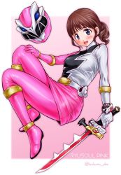 Rule 34 | 1girl, abe tsukumo, asuna (ryusoulger), brown hair, helmet, kishiryu sentai ryusoulger, ryusoul pink, super sentai, sword, weapon