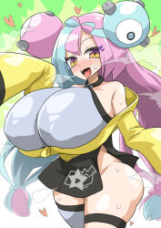 Rule 34 | 1girl, asymmetrical legwear, bare shoulders, blue hair, blush, breasts, bursting breasts, covered erect nipples, cowboy shot, creatures (company), dot nose, female focus, game freak, gen 1 pokemon, huge breasts, iono (pokemon), jacket, magnemite, mismatched legwear, nintendo, oro (zetsubou girl), pink hair, pokemon, pokemon sv, shiny skin, solo, standing, steam, steaming body, sweat, thick thighs, thighs, tongue, tongue out, twintails, white background, wide hips, yellow jacket