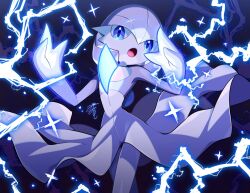 Rule 34 | 1other, alternate color, blue eyes, blue skin, colored skin, cowboy shot, creatures (company), dress, electricity, game freak, gardevoir, gen 3 pokemon, glowing, highres, lotosu, nintendo, open mouth, pokemon, pokemon (creature), signature, solo, tongue, white dress, white skin