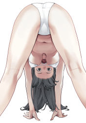 Rule 34 | 1girl, all fours, ass, bikini, black eyes, black hair, breasts, from behind, hanging breasts, highres, inamitsu shinji, kneepits, legs, legs apart, long hair, looking at viewer, looking back, medium breasts, navel, open mouth, original, paid reward available, simple background, solo, stomach, swimsuit, teeth, view between legs, white background, white bikini