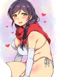 Rule 34 | 1girl, :d, blush, bow, bra, braid, breasts, detached sleeves, duke (inu daimyou), green eyes, hair bow, hair over shoulder, heart, large breasts, long hair, love live!, love live! school idol project, open mouth, panties, purple hair, red bow, red scarf, scarf, side-tie panties, single braid, sitting, smile, solo, thighhighs, tojo nozomi, underwear, underwear only, white bra, white panties, white sleeves, white thighhighs