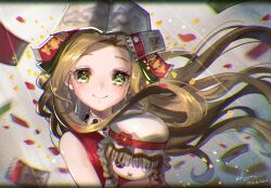 Rule 34 | 1girl, blonde hair, book, book on head, cross-shaped pupils, doll, dress, facial mark, falling petals, flying paper, green eyes, grey background, highres, holding, holding doll, identity v, letter, long hair, looking at viewer, memory (aging) (identity v), memory (identity v), mentai shijimi, object on head, official alternate costume, paper, parted bangs, petals, red dress, sleeveless, sleeveless dress, smile, symbol-shaped pupils, ticket, upper body, wind