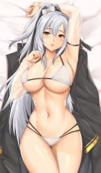 Rule 34 | 1girl, arcie albano, armpits, azur lane, bikini, black coat, breasts, cleavage, coat, coat on shoulders, covered erect nipples, detached sleeves, drake (azur lane), drake (the golden hind&#039;s respite) (azur lane), from above, high ponytail, highres, large breasts, looking at viewer, lying, official alternate costume, on back, see-through, see-through sleeves, silver hair, solo, swimsuit, white bikini, yellow eyes