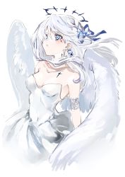 Rule 34 | 1girl, angel wings, bare shoulders, blue bow, blue eyes, bow, collarbone, commentary request, dress, earrings, feathered wings, gawako, hair bow, halo, highres, jewelry, long hair, looking away, original, parted lips, simple background, solo, strapless, strapless dress, tattoo, white background, white dress, white hair, wings