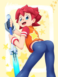 Rule 34 | 1boy, ass, blue eyes, character name, highres, hikaru (saru getchu), legs, male focus, open mouth, red hair, saru getchu, smile, solo, star (symbol)
