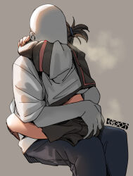 Rule 34 | 1boy, 1girl, black sailor collar, black shirt, black skirt, brown hair, commentary request, ergot, faceless, faceless male, fubuki (kancolle), grey background, hand on another&#039;s ass, hug, kantai collection, layered sleeves, long sleeves, low ponytail, medium hair, miniskirt, pants, pleated skirt, sailor collar, shirt, short over long sleeves, short sleeves, signature, simple background, sitting, sitting on lap, sitting on person, skirt, steam, white shirt