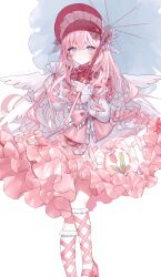 Rule 34 | 1girl, blue eyes, blush, bonnet, bow, clothing request, commentary, dress, foot out of frame, frilled dress, frills, head wings, highres, holding, holding umbrella, kneehighs, long hair, looking at viewer, multiple wings, original, parasol, pink bonnet, pink bow, pink dress, pink footwear, pink hair, sakizaki saki-p, smile, socks, solo, umbrella, white socks, wings
