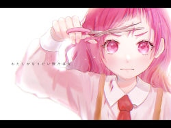 Rule 34 | 1girl, ap (pixiv74197750), black border, border, closed mouth, cutting hair, frown, highres, hugtto! precure, letterboxed, long hair, long sleeves, looking at viewer, necktie, nono hana, pink eyes, pink hair, pink shirt, portrait, precure, red necktie, shirt, solo, white background