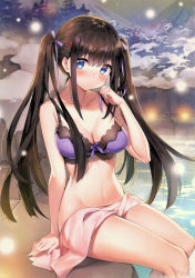 Rule 34 | 1girl, absurdres, arm at side, ayamy, blue eyes, blush, bottomless, bra, breasts, cleavage, hair ornament, hair ribbon, hand to own mouth, highres, long hair, medium breasts, navel, onsen, outdoors, parted lips, purple bra, ribbon, scan, sidelocks, sitting, snowing, soaking feet, solo, steam, toranoana, twintails, underwear, x hair ornament