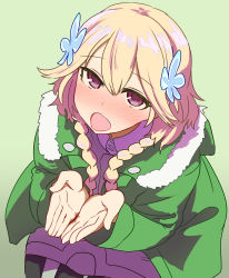 Rule 34 | 1girl, blonde hair, blush, braid, dress, fang, flower, from above, green background, green jacket, hair flower, hair ornament, highres, jacket, long hair, long sleeves, looking at viewer, misono chiaya, open mouth, oral invitation, own hands together, purple dress, purple eyes, simple background, solo, squatting, sumiyao (amam), the rolling girls, twin braids