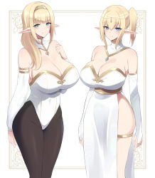 Rule 34 | 2girls, bare shoulders, black legwear, blonde hair, blue eyes, blush, breasts, bridal gauntlets, cleavage, closed mouth, commentary, commentary request, covered navel, detached sleeves, dress, elf, gold hairband, green eyes, hairband, highres, jewelry, large breasts, leotard, long hair, long sleeves, multiple girls, original, pantyhose, pointy ears, side ponytail, skindentation, smile, standing, thighlet, thighs, white background, white dress, white leotard, yukage