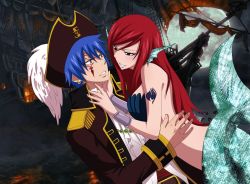 Rule 34 | 1boy, 1girl, blue hair, breasts, earrings, erza scarlet, fairy tail, hat, highres, imminent kiss, jellal fernandes, jewelry, long hair, mermaid, milady666, monster girl, moon, pirate, pirate hat, red hair, ship, short hair, tattoo, watercraft