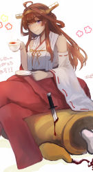 Rule 34 | 1girl, absurdres, among us, blood, brown hair, commission, cosplay, crewmate (among us), cup, hagioshi, highres, impostor (among us), impostor (among us) (cosplay), kantai collection, knife, kongou (kancolle), long hair, one eye closed, purple eyes, skeb commission, smile, teacup, very long hair