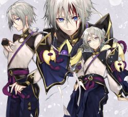 Rule 34 | 1boy, bishounen, blood, blood on face, blue eyes, blue pants, bridal gauntlets, commentary request, fate/grand order, fate (series), grey hair, hair between eyes, highres, long sleeves, looking at viewer, male focus, multiple views, pants, parted lips, prince of lan ling (fate), puffy long sleeves, puffy sleeves, sash, sheath, shirt, short hair, tcb, white shirt