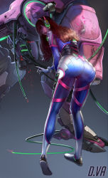 Rule 34 | 1girl, ass, bodysuit, brown hair, character name, d.va (overwatch), damaged, facial mark, from behind, full body, gloves, headphones, headset, highres, leaning forward, long hair, looking at viewer, looking back, mecha, meka (overwatch), overwatch, overwatch 1, parted lips, pilot suit, rikamello, robot, solo, standing, watermark, web address, whisker markings, white gloves, wire