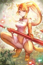 Rule 34 | 10s, 1girl, animal ears, blonde hair, bracelet, circlet, covered erect nipples, dolce (dolsuke), elbow gloves, gloves, golden snub-nosed monkey (kemono friends), high ponytail, highleg, highleg leotard, holding, holding staff, jewelry, kemono friends, leotard, long hair, looking at viewer, monkey ears, monkey tail, multicolored hair, orange hair, ponytail, solo, squatting, staff, tail, thighhighs, yellow thighhighs