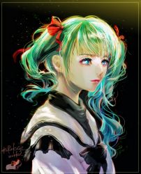 Rule 34 | 1girl, absurdres, aged up, aqua hair, artist name, black background, blue eyes, char&#039;s counterattack, flat chest, from side, gundam, gundam hathaway&#039;s flash, highres, kurokogiworks, looking ahead, quess paraya, sailor collar, solo, twintails, uneven twintails, upper body