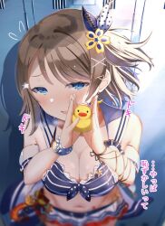 Rule 34 | 1girl, bikini, blue eyes, blush, bow, breasts, brown hair, cleavage, facing viewer, locker, looking at viewer, love live!, love live! school idol festival all stars, love live! sunshine!!, medium breasts, official alternate costume, ponnu (nikeytina), rubber duck, short hair, shy, solo, swimsuit, watanabe you