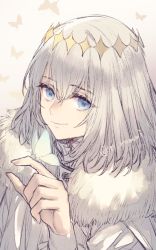 Rule 34 | 1boy, blue eyes, bug, butterfly, butterfly on hand, cloak, closed mouth, commentary, crown, diamond hairband, fate/grand order, fate (series), fur-trimmed cloak, fur collar, fur trim, insect, kamui natsuki, light smile, long sleeves, looking at viewer, male focus, medium hair, no wings, oberon (fate), official alternate costume, puffy sleeves, smile, solo, twitter username, upper body, white cloak, white fur, white hair