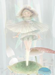 Rule 34 | 1girl, arms at sides, blonde hair, blunt bangs, center frills, commentary request, fairy, fairy wings, frills, full body, green eyes, hat, head tilt, highres, layered clothes, looking at viewer, mizutame tori, mushroom, original, pale color, pointy ears, short hair, solo, standing, tagme, wings