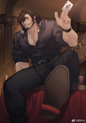 Rule 34 | 1boy, ace (playing card), ace of spades, artist request, bara, beard, bulge, card, facial hair, final fantasy, final fantasy xiv, foot out of frame, foreshortening, hair over one eye, highres, holding, holding card, hy the highlander, large hands, large pectorals, male focus, mature male, muscular, muscular male, mustache, partially unbuttoned, pectoral cleavage, pectorals, playing card, poker chip, second-party source, shoes, short hair, sleeves rolled up, solo, spade (shape), thick eyebrows, warrior of light (ff14)