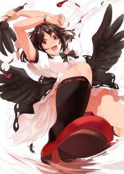 Rule 34 | 1girl, arms up, black bow, black hair, black skirt, bow, breasts, buttons, clock, collar, eyes visible through hair, feathers, hair between eyes, hand fan, hands up, hat, highres, kagami toufu, looking at viewer, medium breasts, open mouth, pom pom (clothes), puffy short sleeves, puffy sleeves, red eyes, red footwear, red hat, shameimaru aya, shirt, shoes, short hair, short sleeves, simple background, skirt, smile, socks, solo, teeth, tokin hat, tongue, touhou, white background, white shirt, white socks, wings