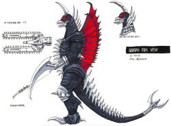 Rule 34 | alien, arm blade, beak, chainsaw, concept art, cyborg, elbow blade, elbow spikes, fucking ancer, gigan, godzilla: final wars, godzilla (series), grappling hook, kaijuu, modified gigan, neck brace, nirasawa yasushi, official art, one-eyed, pincers, polearm, redesign, saw, space monster, tail, toho, trident, tusks, visor, weapon, weapon focus, wings, wire