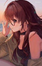 Rule 34 | 1girl, absurdres, adjusting eyewear, ahoge, belt collar, bespectacled, black collar, black tank top, blue eyes, blurry, brown hair, collar, commentary request, depth of field, earrings, glasses, highres, ichinose shiki, idolmaster, idolmaster cinderella girls, jacket, jacket partially removed, jewelry, kiichirou, lips, long hair, looking at viewer, looking to the side, nail polish, profile, shirt, sleeveless, sleeveless shirt, smile, solo, sunset, tank top, upper body
