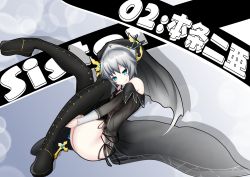 Rule 34 | 1girl, absurdres, ass, bare shoulders, black dress, black footwear, black panties, blue eyes, blush, boots, cross, cross-laced footwear, date a live, dress, from side, full body, grin, habit, hands under legs, highres, honjou nia, knees up, lace-up boots, leg up, looking at viewer, looking to the side, nepsuka (hachisuka), panties, revealing clothes, see-through, short hair, side-tie panties, silver hair, smile, smug, solo, string panties, thigh boots, thighhighs, thighs, underwear