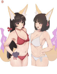 Rule 34 | 2girls, aged up, animal ear fluff, animal ears, asymmetrical docking, bikini, black gloves, blunt bangs, blunt ends, blush, bob cut, bow, bow bra, bra, breast envy, breast press, breasts, brown hair, cleavage, clenched hand, closed mouth, collarbone, cropped legs, eyeshadow, fox ears, fox girl, fox girl (mdf an), fox tail, gloves, hand on own hip, hime cut, kitsunebi naho (mdf an), large breasts, long hair, looking at another, looking at breasts, makeup, mdf an, mother and daughter, multiple girls, navel, open mouth, original, red bikini, red eyeshadow, red ribbon, ribbon, short hair, short hair fox girl (mdf an), side-tie bikini bottom, sidelocks, simple background, small breasts, strap gap, swimsuit, symmetrical docking, tail, underwear, v-shaped eyebrows, white background, white bikini, yellow eyes