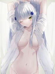 Rule 34 | 1girl, absurdres, areola slip, arms behind head, blue hair, blunt bangs, blush, borrowed clothes, breasts, closed mouth, collarbone, feet out of frame, girls&#039; frontline, green eyes, hands in hair, highres, hk416 (girls&#039; frontline), huge filesize, large breasts, long hair, looking at viewer, naked shirt, navel, nipples, no bra, no panties, one eye closed, open clothes, open shirt, out-of-frame censoring, shirt, solo, standing, weisskaeppchen, white background, white shirt