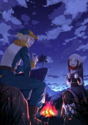 Rule 34 | 1boy, 1girl, absurdres, akari (pokemon), blonde hair, blue eyes, blue hair, brown footwear, campfire, camping, clenched hands, closed eyes, cloud, cloudy sky, commentary request, creatures (company), game freak, grass, hat, highres, long hair, nature, nintendo, open mouth, outdoors, pokemon, pokemon legends: arceus, rock, scarf, short hair, sitting, sky, somehideyosi, sparkling eyes, star (sky), volo (pokemon), white footwear