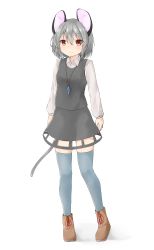 Rule 34 | 1girl, absurdres, animal ears, blush, brown eyes, brown footwear, closed mouth, full body, grey hair, grey skirt, grey thighhighs, grey vest, hair between eyes, highres, jewelry, long sleeves, looking at viewer, mouse ears, mouse tail, nazrin, netamaru, pendant, shoes, short hair, skirt, skirt set, smile, solo, standing, tail, thighhighs, touhou, vest