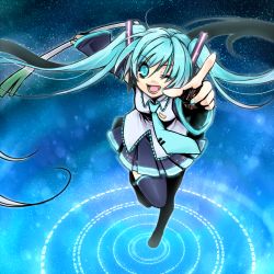 Rule 34 | 1girl, blue eyes, blue hair, detached sleeves, female focus, full body, hatsune miku, long hair, looking at viewer, matching hair/eyes, necktie, one eye closed, pointing, shirt, skirt, sleeveless, solo, spring onion, thighhighs, twintails, very long hair, vocaloid, wink, yuh