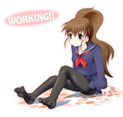 1girl brown_eyes brown_hair feet female_focus long_hair pantyhose ponytail sch school_uniform serafuku solo taneshima_popura thighband_pantyhose working!!