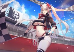 Rule 34 | 1girl, antenna hair, azur lane, black gloves, black jacket, black shirt, black thighhighs, blue sky, breasts, checkered flag, cleavage, cloud, commentary request, confetti, cowboy shot, crop top, cropped jacket, cropped shirt, day, flag, gloves, hair between eyes, half gloves, halterneck, hand on own hip, headgear, highleg, highleg panties, highres, holding, holding flag, itaco, jacket, large breasts, long hair, looking at viewer, miniskirt, multicolored hair, navel, official alternate costume, open clothes, open jacket, panties, panty straps, parted lips, prinz eugen (azur lane), prinz eugen (final lap) (azur lane), race queen, red hair, red panties, shirt, skirt, sky, solo, standing, stomach, streaked hair, thick thighs, thighhighs, thighs, thong, two side up, underboob, underwear, very long hair, white hair, white skirt, yellow eyes, zipper