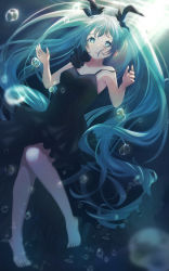 Rule 34 | 1girl, absurdres, barefoot, black bow, black dress, blue eyes, blue hair, bow, bubble, collarbone, dress, floating hair, full body, hair bow, hatsune miku, highres, long hair, looking at viewer, parted lips, potate, shinkai shoujo (vocaloid), sleeveless, sleeveless dress, solo, twintails, underwater, very long hair, vocaloid
