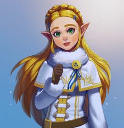 Rule 34 | 1girl, blonde hair, fur trim, gloves, green eyes, long hair, looking at viewer, mella, nintendo, pointy ears, princess zelda, smile, solo, the legend of zelda, the legend of zelda: breath of the wild, thick eyebrows, winter clothes