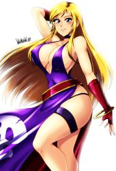 Rule 34 | 1girl, absurdres, arm up, b.jenet, bare shoulders, blonde hair, blue eyes, bracelet, breasts, choker, cleavage, collarbone, cowboy shot, danmakuman, dress, elbow gloves, fatal fury, fingerless gloves, garou: mark of the wolves, gloves, highres, jenet behrn, jewelry, jolly roger, large breasts, long hair, looking at viewer, panties, pointy nose, purple dress, red gloves, sideboob, sidelocks, simple background, smile, snk, solo, standing, string panties, the king of fighters, thigh strap, thighlet, thighs, underwear, white background