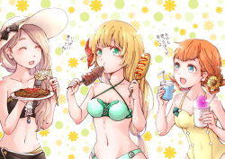 Rule 34 | 3girls, annette fantine dominic, bikini, blonde hair, blue eyes, breasts, chopsticks, cleavage, cowboy shot, cup, drinking straw, eating, ebi puri (ebi-ebi), closed eyes, female focus, fire emblem, fire emblem: three houses, flower, green eyes, hair flower, hair ornament, hat, holding, holding chopsticks, holding cup, holding plate, ingrid brandl galatea, lineup, long hair, low ponytail, mercedes von martritz, multiple girls, nintendo, one-piece swimsuit, open mouth, plate, standing, swimsuit, twintails