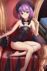 Rule 34 | 1girl, arm support, bare arms, bare legs, bare shoulders, barefoot, black hat, black one-piece swimsuit, blunt bangs, blush, book, book stack, breasts, closed mouth, detached collar, fate/grand order, fate (series), finalcake, frilled swimsuit, frills, hat, helena blavatsky (fate), highres, leaning to the side, looking at viewer, one-piece swimsuit, purple eyes, purple hair, ribbon, short hair, small breasts, smile, solo, strapless, strapless one-piece swimsuit, swimsuit, throne, white ribbon
